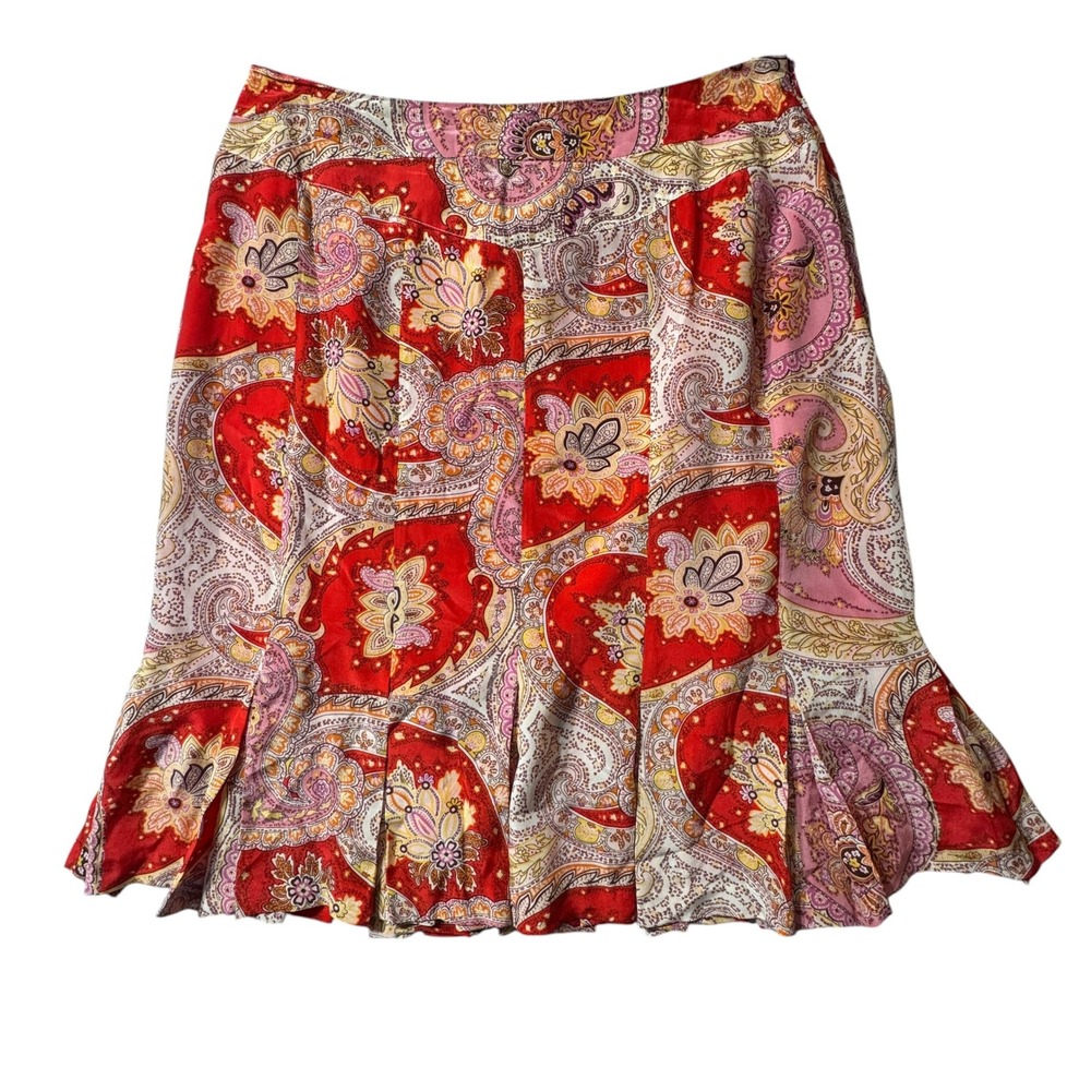 Worthington Silk Skirt Womens 10 Red Pink Paisley Knee Length Lined Fairy Boho - Picture 2 of 11